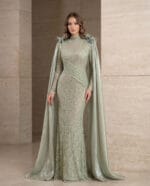 1037 - Sage Aurora Pelerinli Couture Abiye - Görsel 4