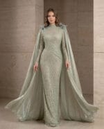 1037 - Sage Aurora Pelerinli Couture Abiye
