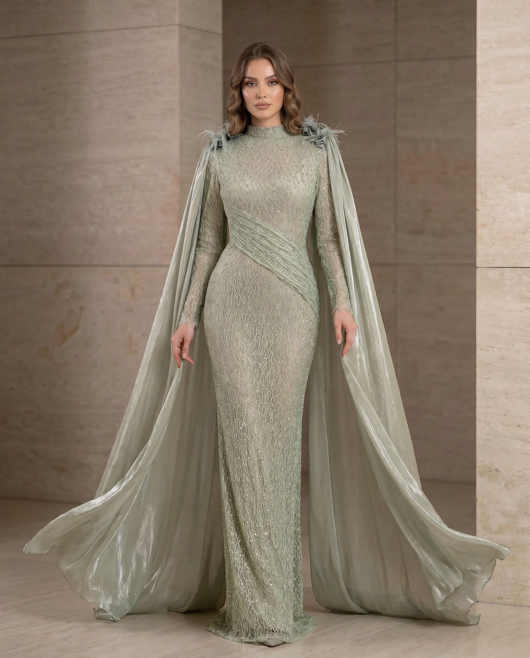 IMG_0706 1037 - Sage Aurora Pelerinli Couture Abiye - Görsel 1