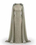 1037 - Sage Aurora Pelerinli Couture Abiye - Görsel 5