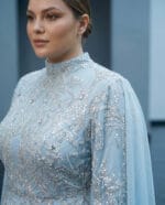 1126- Ice Blue Pelerinli Couture Elbise - Görsel 4