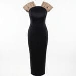 105 - Noir Beige Volan Detaylı Midi Elbise