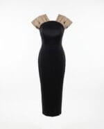 105 - Noir Beige Volan Detaylı Midi Elbise