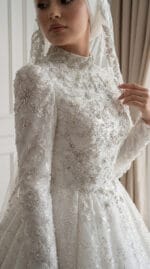 Pearl Noor Tesettür Gelinlik kristal taş işlemeli haute couture gelinlik