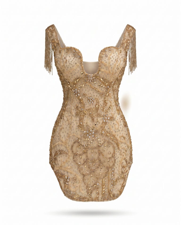 Golden Éclat Couture Abiye altın tonlu kristal taş işlemeli haute couture mini abiye