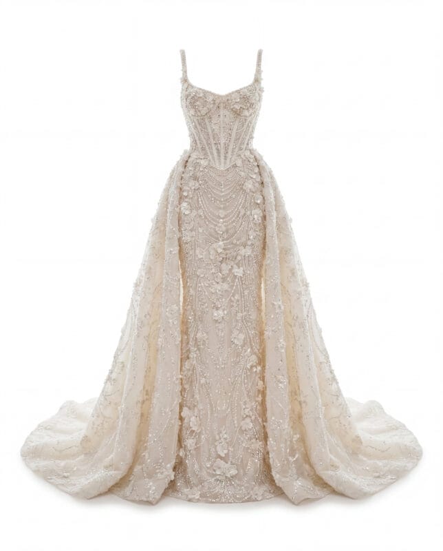 Élysienne Gelinlik üç boyutlu çiçek aplikeli inci ve kristal işlemeli haute couture gelinlik