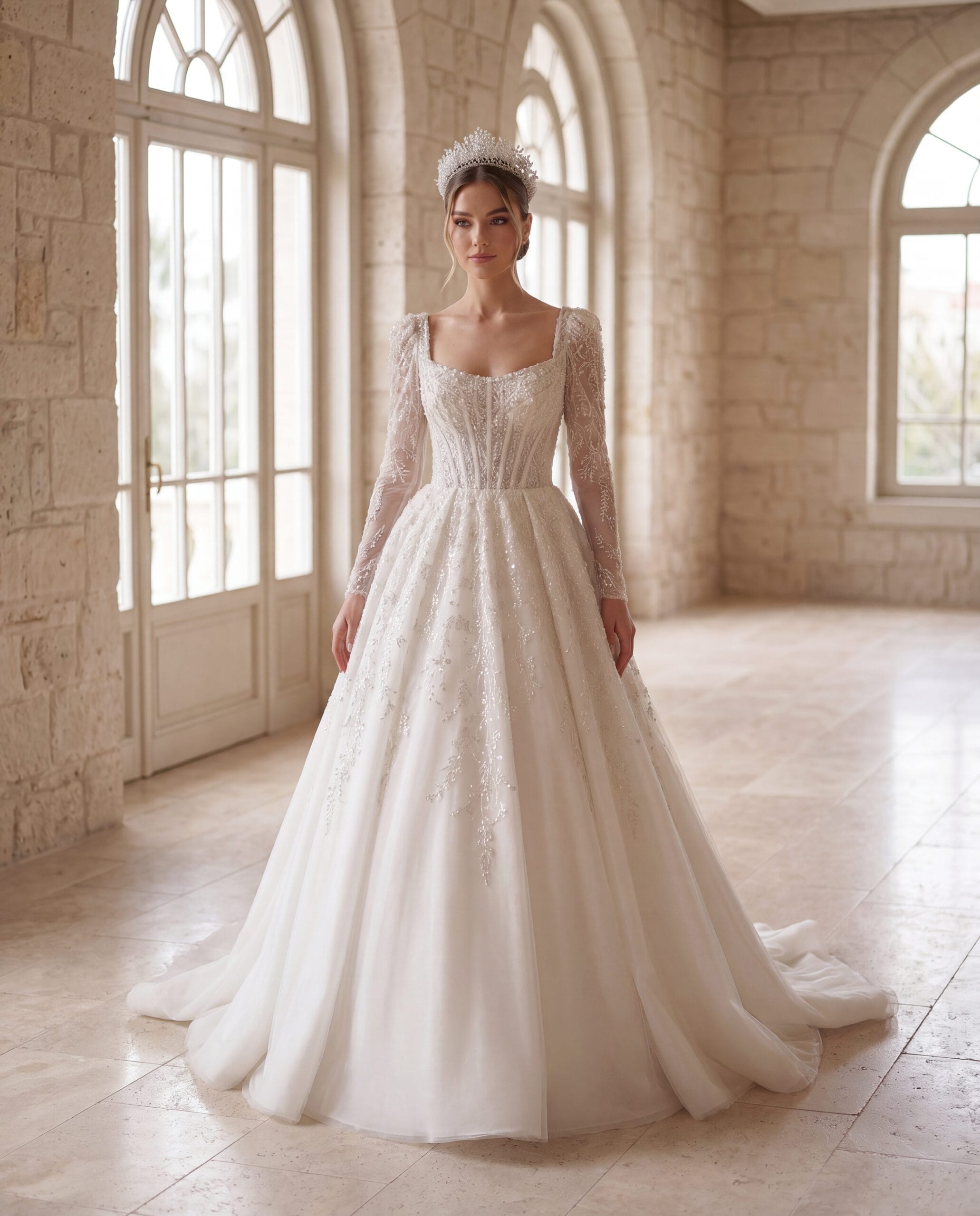 Avelisse Gelinlik kare yaka transparan kollu prenses haute couture gelinlik